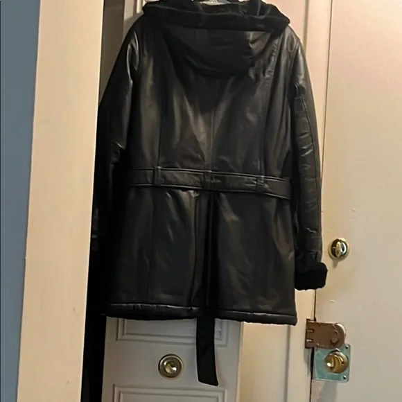 Wilsons Leather Black Hooded coat with Belt and faux fur insides - Picture 2 of 3